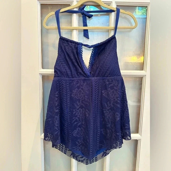 Becca Rebecca Virtue Navy Crochet Halter Top Swimsuit Tankini Size 0X 14/16 - Picture 10 of 10